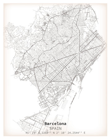 Barcelona city Urban Streets Roads Map, Printable Map of Barcelona Spain with detailed street , High-quality printable poster wall art for home or office.のイラスト素材