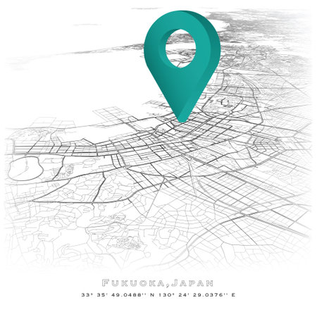 Fukuoka,Japan,detail Streets Roads Map with location pin,editable vector element template image