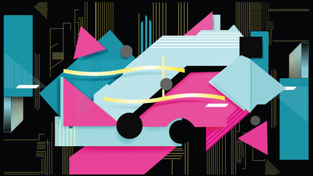 Abstract background Memphis Design Style characterized by geometric shapes on black background