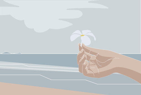 Geometric Flat Design,white flowers frangipani in women's hands against the sea beach and blue sky,vector imageのイラスト素材