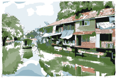 Sketch-style impressionnist painting,Bangkok canals communities,Thailand,Digital illustration vector imageのイラスト素材