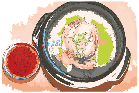 Sketch-style impressionnist painting,Korean Ginseng Chicken Soup,Digital illustration vector imageのイラスト素材