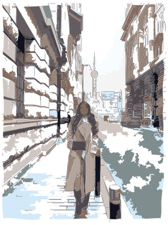 Sketch-style impressionnist painting,Foreign female tourists strolling in downtown Shanghai, China,Digital illustration vector imageのイラスト素材