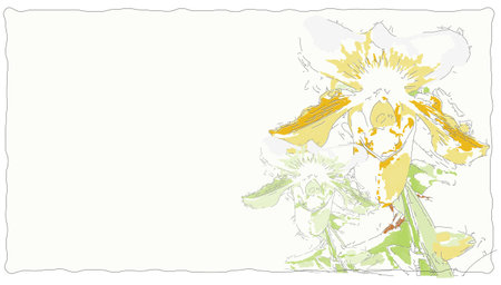 Sketch-style impressionnist painting,,Orchid flower frame with space for text, floral themed greeting card,Digital illustration vector imageのイラスト素材