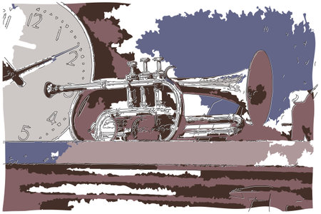 Sketch-style impressionnist painting,Antique brass instrument, cornet, that has survived time,Digital illustration vector imageのイラスト素材