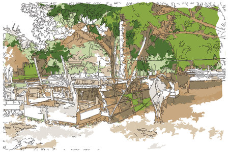 Sketch-style impressionnist painting,Cows and Pen in the Asian countryside,Digital illustration vector imageのイラスト素材