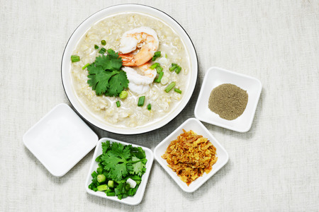 boiled rice with shrimp and toppingの写真素材