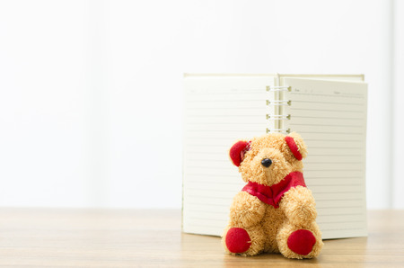 bear and notebook on tableの写真素材