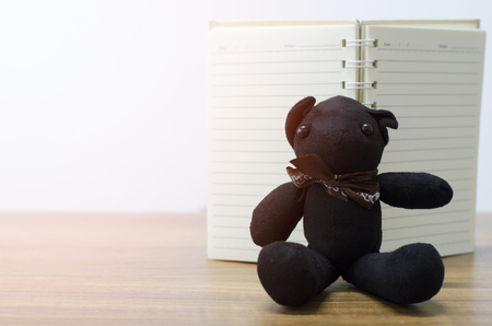 bear and notebook on tableの写真素材