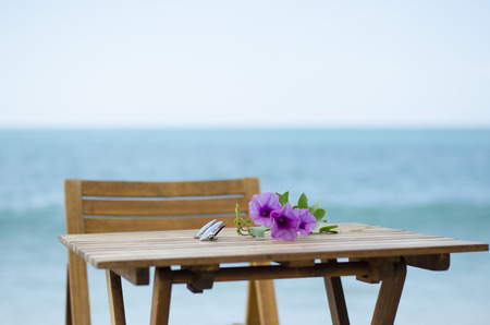chair and table wood on beachの写真素材