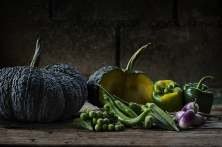 Vegetabls in season on wood background and healthy food diet young bambooの写真素材