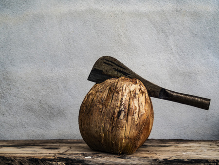 Coconut and shell with Eito knife to open them for coconut milk cooking for Thai foodの写真素材