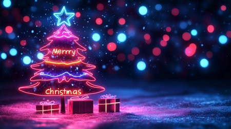 Christmas tree and gift boxes on bokeh background 3D renderingの素材