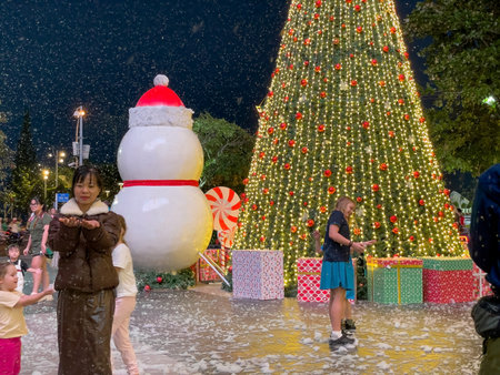 Holiday crowd around Christmas tree in coastal Vietnamのeditorial素材