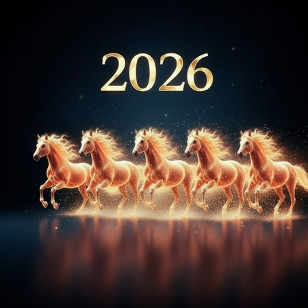 Golden glowing horses gallop under 2026, symbolizing a powerful and prosperous New Year journey.