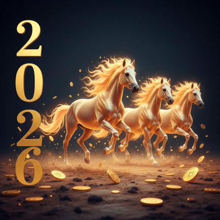 Golden Horses Galloping for 2026 New Year with Falling Gold Coins