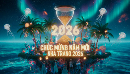 Magical Nha Trang New Year 2026 celebration on a floating island with a glowing hourglass, aurora...