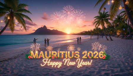 Mauritius New Year 2026 celebration on a tropical beach with vibrant fireworks, golden text, palm...