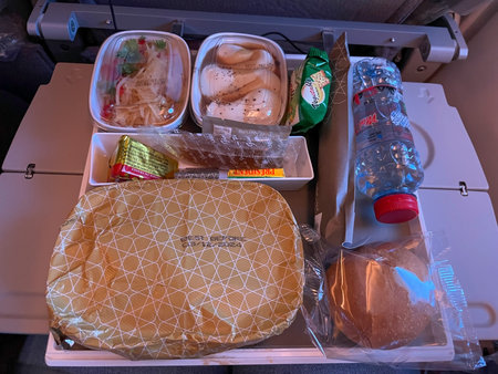 Airline meal with salad, dessert, bread and water on tray table, Dubai 18.01.2025 United Arab Emirates.のeditorial素材