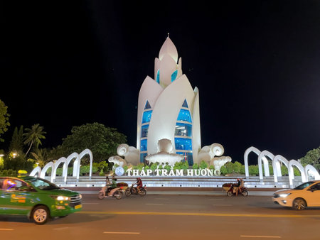 Tram Huong Tower illuminated at night in Nha Trang, Vietnam. Nha Trang, October 10, 2025, Vietnam.のeditorial素材