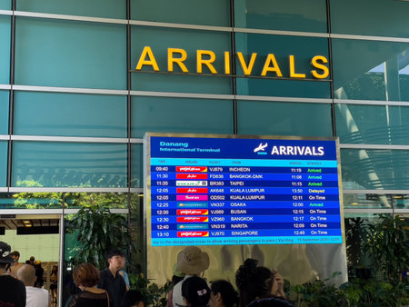 Arrival board at Da Nang Airport, Vietnam, September 15, 2025. tourism.
