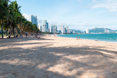 Sunny Tropical Beach with Palm Trees and Modern City Skyline, Cinematic Lighting on Sandy Shore with Copy Space for Travel Marketing and Summer Tourism Nha Trang 20.12.2025 Vietnamのeditorial素材