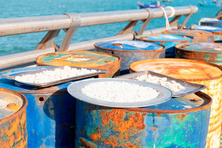 Row of weathered blue and orange metal barrels on a dock beside turquoise ocean waters with white...