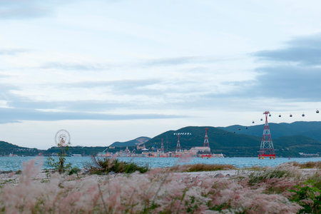 A wide shot of a coastal bay with an island resort in the distance featuring a cable car line, a ferris wheel, and green mountains under a cloudy sky. Nha Trang 20.12.2025 Vietnamのeditorial素材