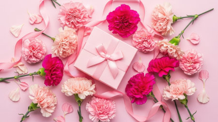 This image features a pink gift box adorned with a bow, surrounded by an array of vibrant carnations in shades of pink and red. The flowers are arranged artistically around the gift box, with some petals scattered around. The entire scene is set against a transparent background, making it suitable for various design applications.の素材