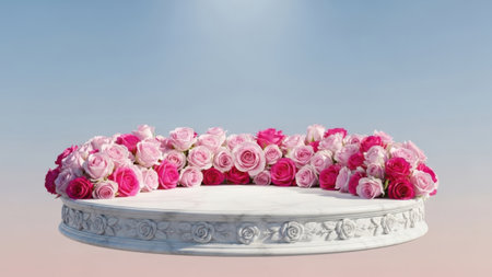 This image features a beautifully crafted floral wreath composed of pink and red roses. The wreath is displayed on a white pedestal with intricate designs. The image is set against a transparent background, making the floral arrangement stand out prominently. Ideal for decorative or celebratory themes, this wreath is perfect for various occasions.の素材