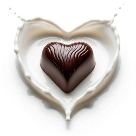 This image features a heart-shaped chocolate piece surrounded by a splash of milk, set against a transparent background. The chocolate is rich and dark, contrasting beautifully with the creamy white milk. Ideal for Valentine's Day or dessert themes.の素材