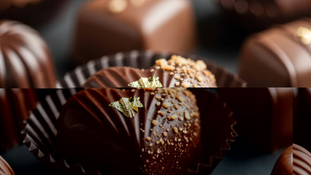 A close-up image of chocolate truffles isolated on a white background. The truffles are richly coated in dark chocolate, with some sprinkled with gold dust. The image is set against a transparent background, making the truffles stand out prominently.の素材