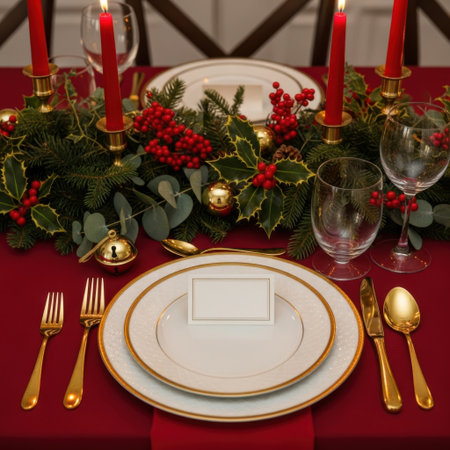 This image features a beautifully arranged festive table setting with red candles, lush greenery, berries, and elegant dinnerware. The setting includes a white plate with a gold rim, gold cutlery, and wine glasses. The table is adorned with a red tablecloth and a small ornament. The image is set against a transparent background, making it ideal for various design applications.の素材