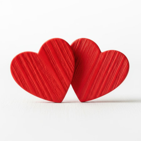 Two red wooden hearts on a white background. Valentine's Day.の素材