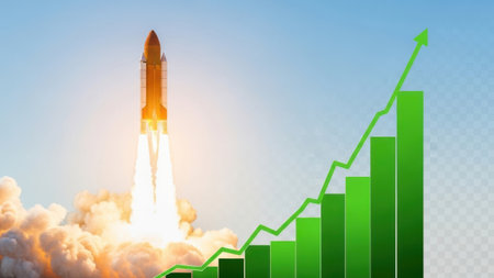 An image showcasing a rocket launching into the sky with a rising graph indicating growth and success.の素材