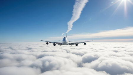 A large commercial airplane is captured in flight, ascending through a vast expanse of fluffy white clouds on a bright and clear day with blue skies overhead.の素材