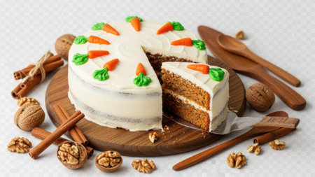 A beautifully decorated carrot cake with cream cheese frosting, adorned with carrot toppings and walnuts, served on a wooden board.の素材