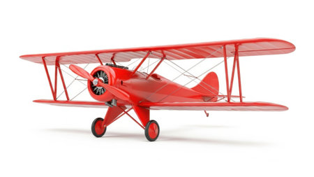 A detailed model of a vintage red biplane with a propeller and wheels, set against a white background.の素材