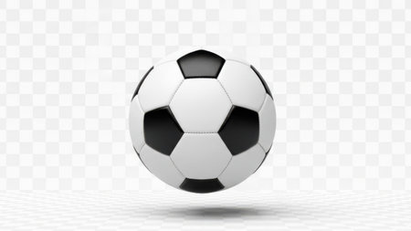 This image features a single soccer ball with black and white pentagons and hexagons floating against a transparent background.の素材