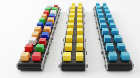 Three conveyor belts displaying an array of multicolored blocks in various patterns and colors.の素材