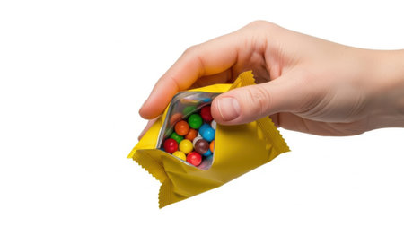 A hand holding an opened yellow packet revealing an assortment of colorful candies inside.の素材