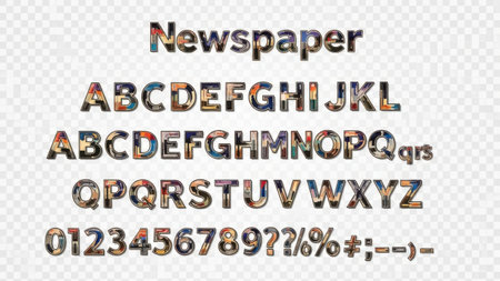 This image showcases a vintage newspaper-style font displaying the entire alphabet and numbers in a classic, retro design.の素材