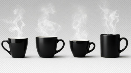 A series of four black coffee mugs, each emitting a different amount of steaming vapor, arranged in a row against a plain background.の素材