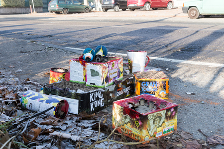 TURIN, ITALY - JANUARY 1, 2016: Remnants of fireworks at a waste collection after the traditional new years celebrationのeditorial素材