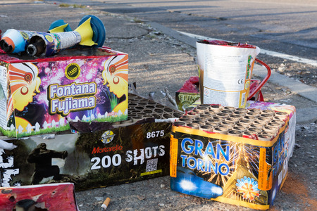 TURIN, ITALY - JANUARY 1, 2016: Remnants of fireworks at a waste collection after the traditional new years celebrationのeditorial素材