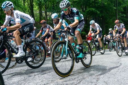 TURIN, ITALY- MAY 25, 2018: Scene of stage 19 of 2018 Giro d Italia, with cyclists and spectators,sprint for the Gpm, col del Lys passage,Turin, Italy.のeditorial素材