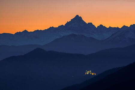 the Sacra di San Michele and Monviso: the two symbols of Piedmont aligned at sunset.