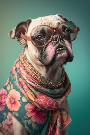 Portrait of a beautiful dog wearing sunglasses and a scarf. studio shot.の素材