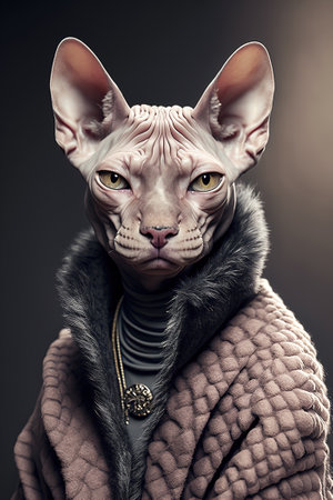 portrait of a Sphynx cat in human dress, as a fashion stylist on colored background, concept of Fashionable Pet and Colorful Design, created with Generative AI technology.の素材