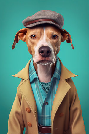 portrait of a dog with hat as a fashion stylist on colored background, concept of Fashionable Pet and Colorful Design, created with Generative AI technology.の素材